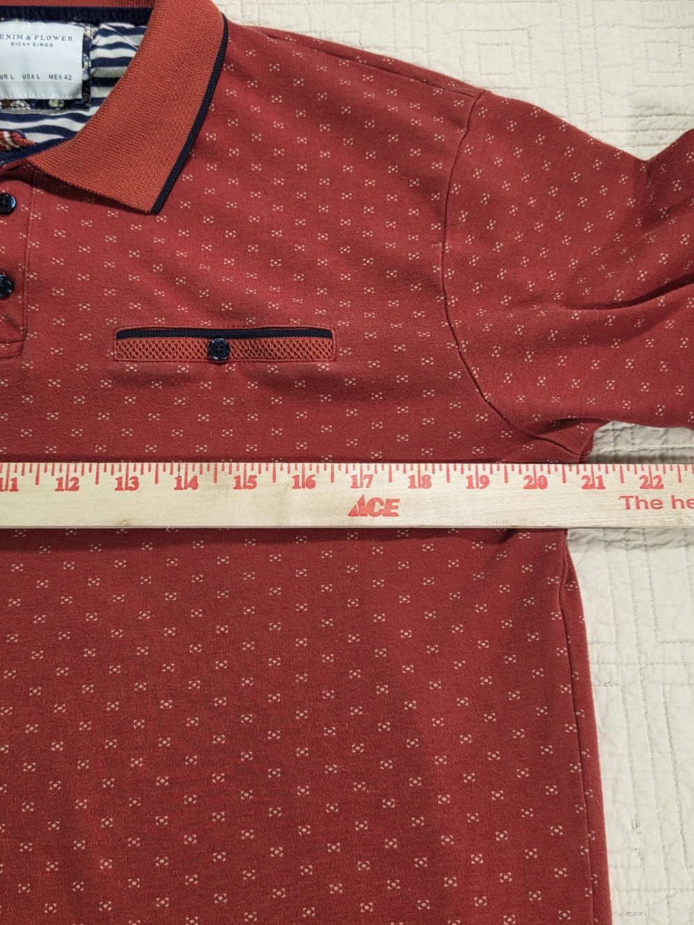 Denim & Flower Men's Red Geometric Micro Print Polo Shirt Short Sleeve Size L - Picture 6 of 11